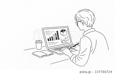 パソコンでデータ分析をするビジネスマンの線画イラスト パソコンでデータ分析をするビジネスマンの線画イラスト 137780724