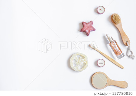 Spa composition with personal hygiene items on a white background isolated. Spa composition with personal hygiene items on a white background isolated. 137780810