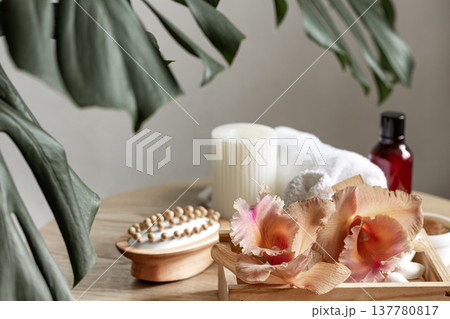 Spa composition with Thai orchid flowers and bath accessories. 137780817