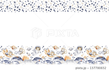 Horizontal frame template with space animals and cosmic elements. Watercolor hand painted illustration with rockets, planets, stars. Perfect for invitations, birthday cards, children holiday designs. Horizontal frame template with space animals and cosmic elements. Watercolor hand painted illustration with rockets, planets, stars. Perfect for invitations, birthday cards, children holiday designs. 137780832