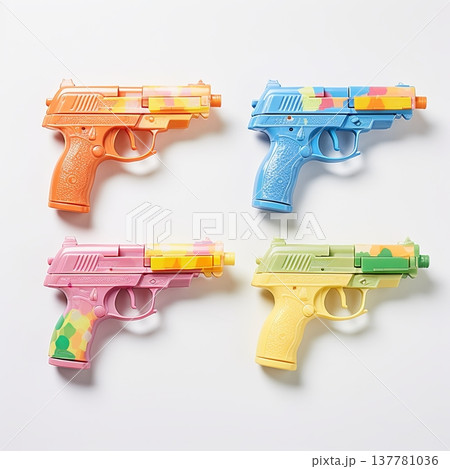 Set of Pastel Toy Guns on White, Creative Childhood Play, Safe and Fun, Modern Retro Style 137781036