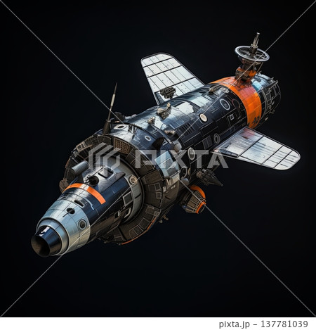 Futuristic Spaceship on Black Background. Space Exploration Concept. Isolated Spacecraft Model. 137781039