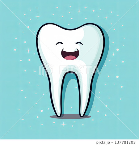 Happy Tooth Cartoon Character on Light Blue Background. Dental Health Concept. Modern Design 137781205