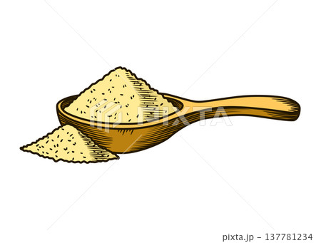 Cane sugar. Product from sugarcane plant. Engraving hand drawn natural organic food or natural ingredient. Fresh sugar pours out of a measuring spoon 137781234