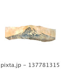 a torn piece of paper depicting a Japanese landscape with a mountain 137781315