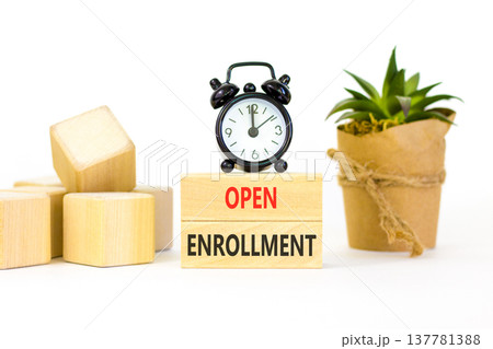 Open enrollment words symbol. Concept words Open enrollment on beautiful wooden blocks. Beautiful white background. Black alarm clock. Medical and Open enrollment words concept. Copy space. 137781388