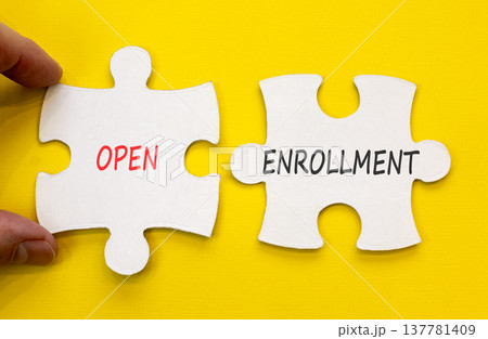 Open enrollment words symbol. Concept words Open enrollment on beautiful white puzzles. Beautiful yellow background. Doctor hand. Medical and Open enrollment words concept. Copy space. Open enrollment words symbol. Concept words Open enrollment on beautiful white puzzles. Beautiful yellow background. Doctor hand. Medical and Open enrollment words concept. Copy space. 137781409