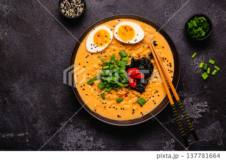 Korean style instant noodle, Shin Ramyeon with egg. Korean style instant noodle, Shin Ramyeon with egg. 137781664