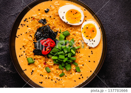 Korean style instant noodle, Shin Ramyeon with egg. Korean style instant noodle, Shin Ramyeon with egg. 137781666