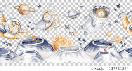 Space animals illustration features cosmic animals like astronauts and rockets. Border design is seamless, horizontal, and hand painted. Perfect for children's birthday, holiday, nursery decoration. 137781884