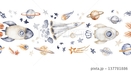 Rocket ship seamless border illustration. Watercolor hand painted design of space adventure. Ideal for childrens stationery, banners, and decoration. 137781886