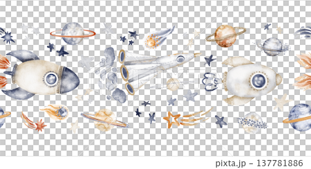 Rocket ship seamless border illustration. Watercolor hand painted design of space adventure. Ideal for childrens stationery, banners, and decoration. Rocket ship seamless border illustration. Watercolor hand painted design of space adventure. Ideal for childrens stationery, banners, and decoration. 137781886
