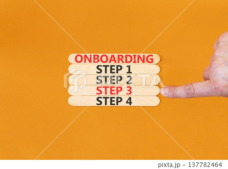 Time to step 3 onboarding symbol. Concept words Onboarding step 3 on beautiful wooden block. Businessman's hand. Beautiful orange background. Business success step 3 onboarding concept. Copy space. 137782464