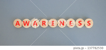 Awareness symbol. Concept word Awareness on beautiful wooden circles. Beautiful grey background. Business education awareness concept. Copy space. Awareness symbol. Concept word Awareness on beautiful wooden circles. Beautiful grey background. Business education awareness concept. Copy space. 137782530