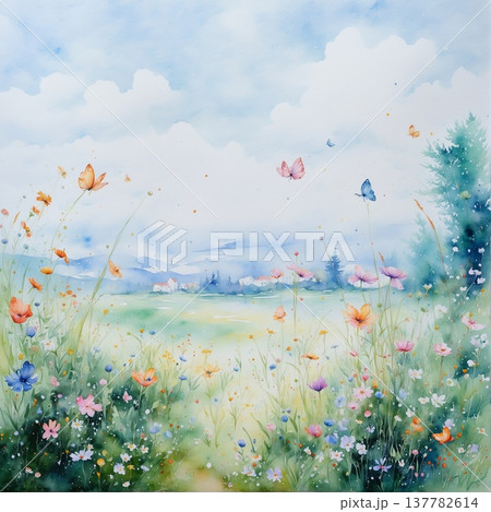 watercolor painting of leaf and flowers pattern 137782614