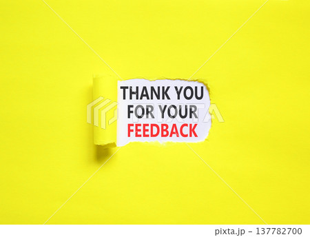 Thank you for your feedback symbol. Concept words Thank you for your feedback on beautiful white paper. Beautiful yellow paper background. Business thank you for your feedback concept. Copy space. Thank you for your feedback symbol. Concept words Thank you for your feedback on beautiful white paper. Beautiful yellow paper background. Business thank you for your feedback concept. Copy space. 137782700