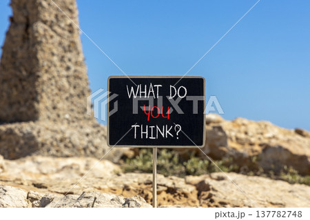 Support, help what do you think symbol. Concept words What do you think on beautiful blackboard. Beautiful stone and blue sky background. Business what do you think concept. Copy space. Support, help what do you think symbol. Concept words What do you think on beautiful blackboard. Beautiful stone and blue sky background. Business what do you think concept. Copy space. 137782748