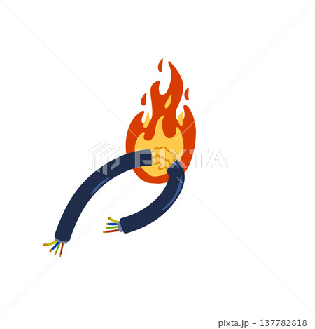 Wire fire, burning electric cable, short circuit damage hazard. Electrical cord flame danger, spark energy power accident. Wire fire industrial safety risk, ignite heat equipment symbol. Wire fire, burning electric cable, short circuit damage hazard. Electrical cord flame danger, spark energy power accident. Wire fire industrial safety risk, ignite heat equipment symbol. 137782818