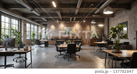 Urban loft-style office with exposed metal beams, reclaimed wood desks, and minimalistic black leather chairs. Task lighting above workstations 137782847