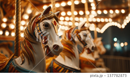 Colorful carousel horses wait for riders at a fairground during the night with bright lights all around 137782873