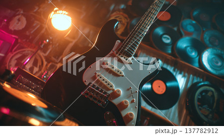 Guitar on a table with vinyl records in a music room at night 137782912