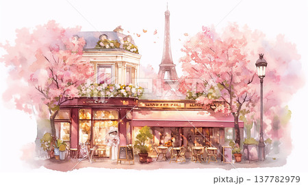 Caf near the Eiffel Tower with cherry blossom trees in springtime 137782979