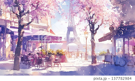 Cherry blossom trees line a Paris street near the Eiffel Tower with cafes and people enjoying the spring day Cherry blossom trees line a Paris street near the Eiffel Tower with cafes and people enjoying the spring day 137782984