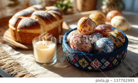 Decorated eggs and sweet bread on a table with a candle during a festive celebration in springtime Decorated eggs and sweet bread on a table with a candle during a festive celebration in springtime 137782995