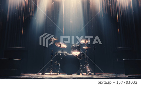 Drum set stands alone on stage with warm lights shining down during a music performance in a concert venue 137783032