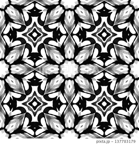 Black and White Abstract Brushstroke Seamless Pattern with Bold Symmetrical Ink Motifs 137783179