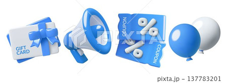 3d Shopping icons collection including blue gift card discount coupons megaphone paper bag gift box and balloons 137783201