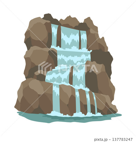 Cartoon river cascade waterfall. Landscape with mountains and trees. Design element for travel brochure or illustration mobile game. Fresh natural water Cartoon river cascade waterfall. Landscape with mountains and trees. Design element for travel brochure or illustration mobile game. Fresh natural water 137783247
