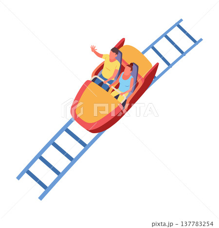 Roller coaster happy people. Rollercoaster. Friends riding in amusement park have fun positive emotion, park attractions. Young people having fun and enjoyment, cartoon vector illustration 137783254