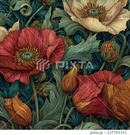 watercolor painting of leaf and flowers pattern 137783331