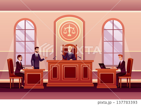 Court judgment, law justice concept vector illustration. Cartoon advocate lawyer or prosecutor character giving speech in front of judge, jury in courtroom, criminal defense public process background. 137783393