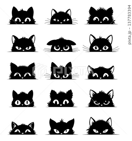 Black cats peeking out window, funny kittens face, curious cat head character, cartoon design vector Black cats peeking out window, funny kittens face, curious cat head character, cartoon design vector 137783394
