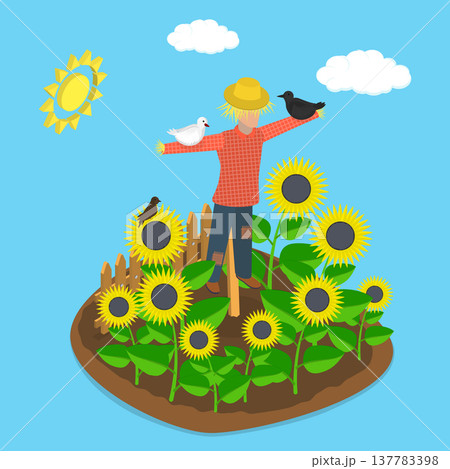 3D Isometric Flat Vector Illustration of Scarecrow, Sunflowers And Scarecrow: A Beautiful Pairing In The Field. 3D Isometric Flat Vector Illustration of Scarecrow, Sunflowers And Scarecrow: A Beautiful Pairing In The Field. 137783398
