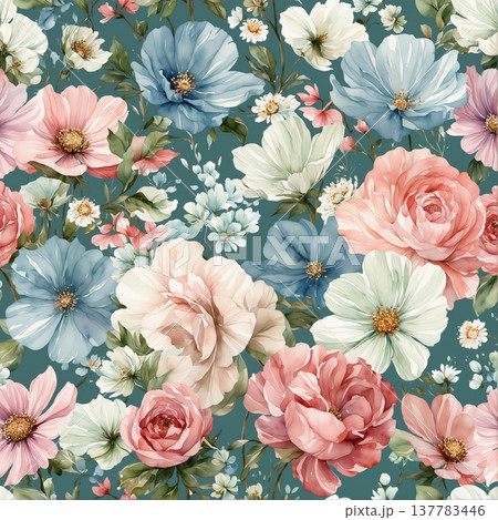 watercolor painting of leaf and flowers pattern watercolor painting of leaf and flowers pattern 137783446