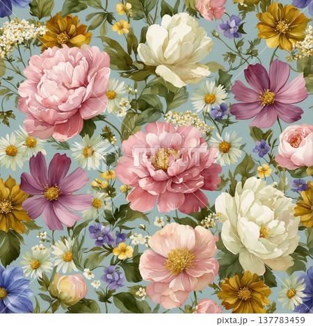 watercolor painting of leaf and flowers pattern 137783459