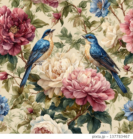 watercolor painting of leaf and flowers pattern 137783467