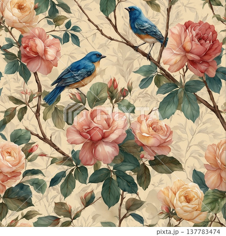 watercolor painting of leaf and flowers pattern 137783474