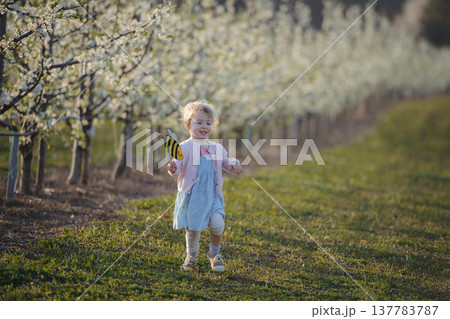 Little girl holding bee decoration in blooming spring orchard. Little girl holding bee decoration in blooming spring orchard. 137783787