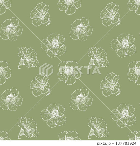 Hand drawn Nasturtium flowers seamless pattern. Minimalist botanical line art floral background for wedding stationery, organic cosmetics packaging, elegant textile design. Hand drawn Nasturtium flowers seamless pattern. Minimalist botanical line art floral background for wedding stationery, organic cosmetics packaging, elegant textile design. 137783924