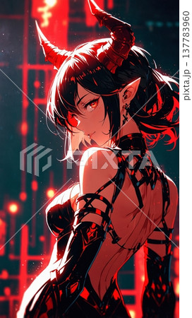 炎に照らされ赤い角を持つサキュバス、妖しく微笑む美しさ 137783960