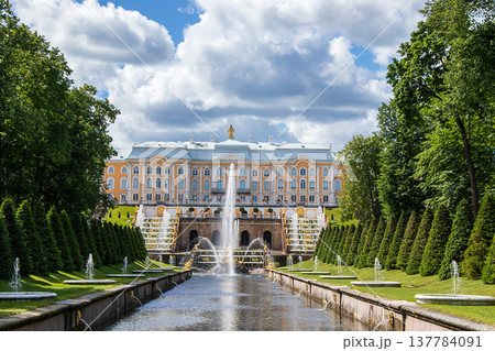 Russia, St. Petersburg, Peterhof, July 9, 2020. The fountain of the Grand Cascade in the Upper Park of the State Museum-Reserve "Peterhof" Russia, St. Petersburg, Peterhof, July 9, 2020. The fountain of the Grand Cascade in the Upper Park of the State Museum-Reserve "Peterhof" 137784091