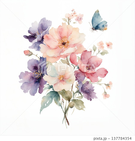 watercolor painting of leaf and flowers 137784354