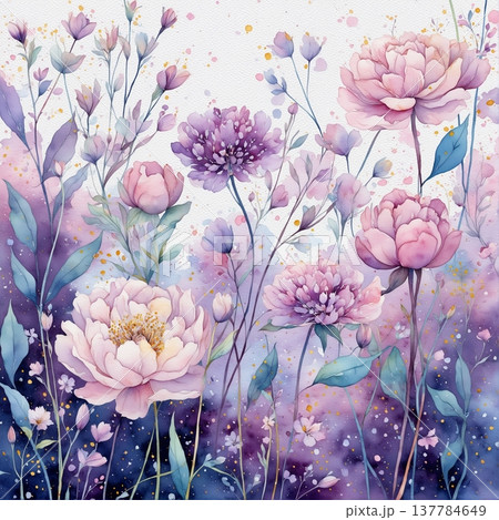 watercolor painting of leaf and flowers pattern 137784649