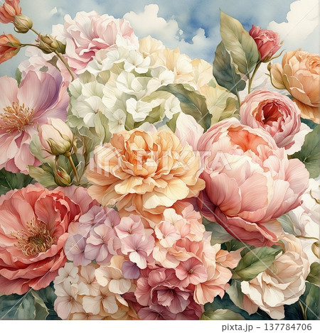 watercolor painting of leaf and flowers pattern watercolor painting of leaf and flowers pattern 137784706