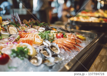 Delightful seafood platter bursting with colors and flavors at a vibrant feast Generative AI 137784728