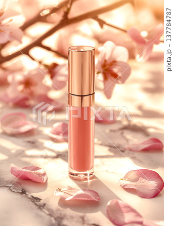 Luxury pink liquid lipstick tube on a marble surface surrounded by blooming cherry blossoms and scattered petals with warm sunlight. 137784787